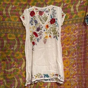 Johnny Was Workshop White Floral Embroidered Midi Dress